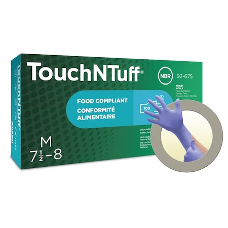 Ansell TouchNTuff 92-675, Disposable Gloves, 4.3 mil Palm, Nitrile, Powder-Free, L, Blue 565718
